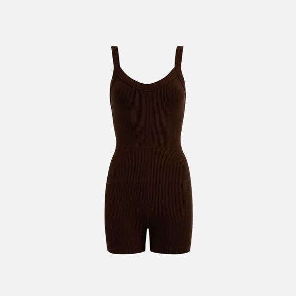 Year of Ours lounge short onesie in dark oak ribbed brown romper | Sz XS - Picture 2 of 8